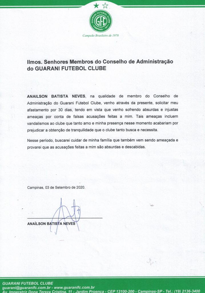 Membro da diretoria do Guarani pede afastamento