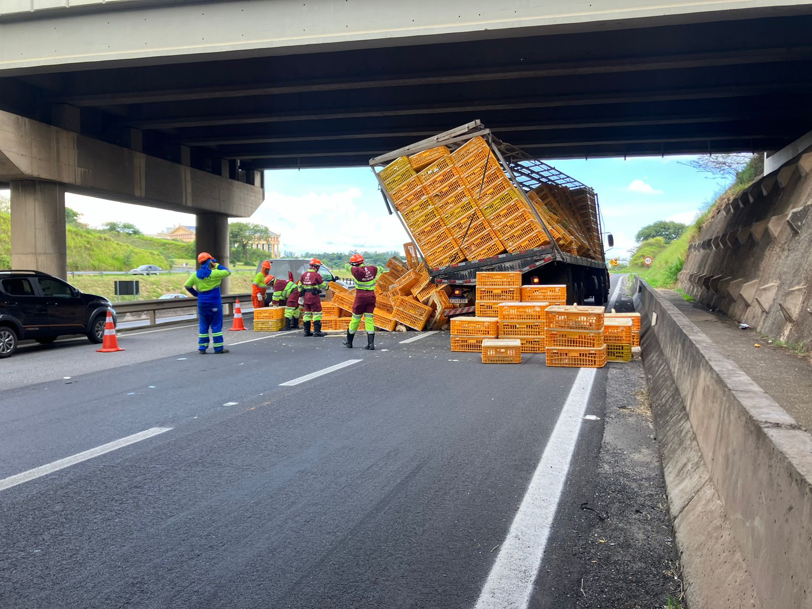 Carga de frangos tomba e bloqueia marginal da Anhanguera, em Campinas